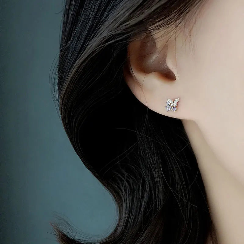 Stud Earrings 925 Sterling Silver For Women Purple Butterfly Zircon Korean Fashion Hot High Quality Lady Wedding Jewelry