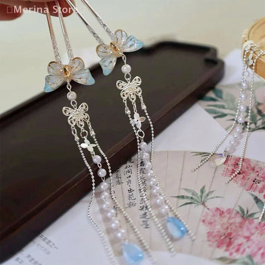 Exquisite Butterfly Hairpin Vintage Elegant Chinese Style Hair Stick For Women Ancientry Jewelry Tassel Hair Accessory