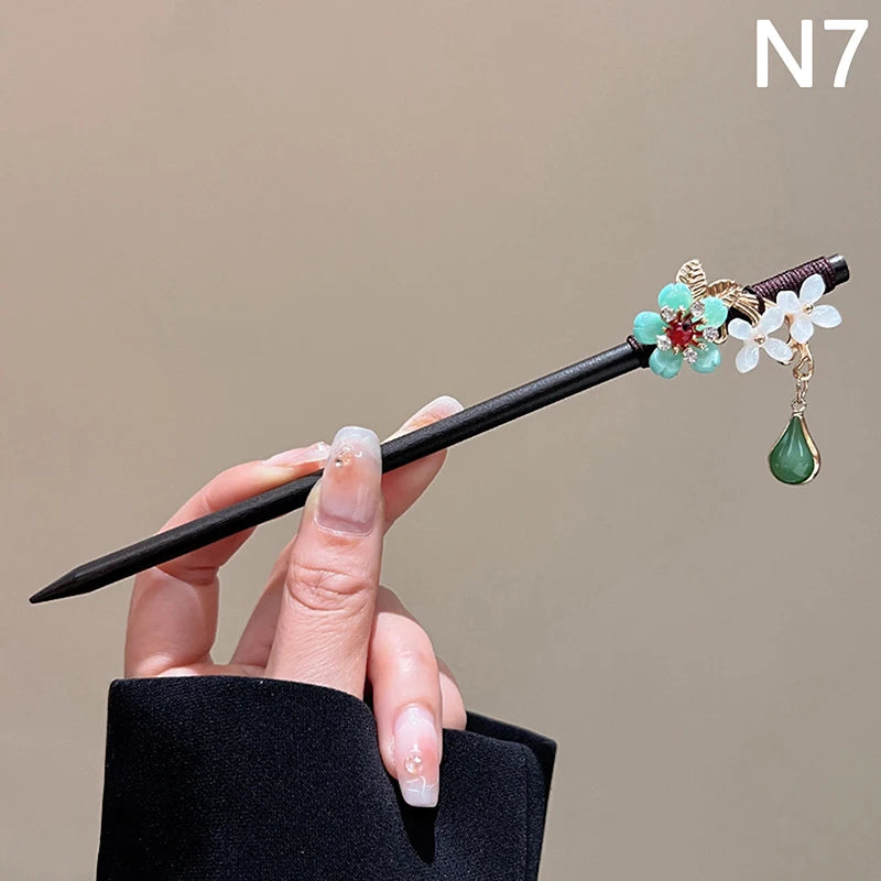 Chinese Style Luminous Pavilion Hair Sticks For Women Kids Retro Metal Wood Flower Tassel Hair Pin Clips Hair Accessories