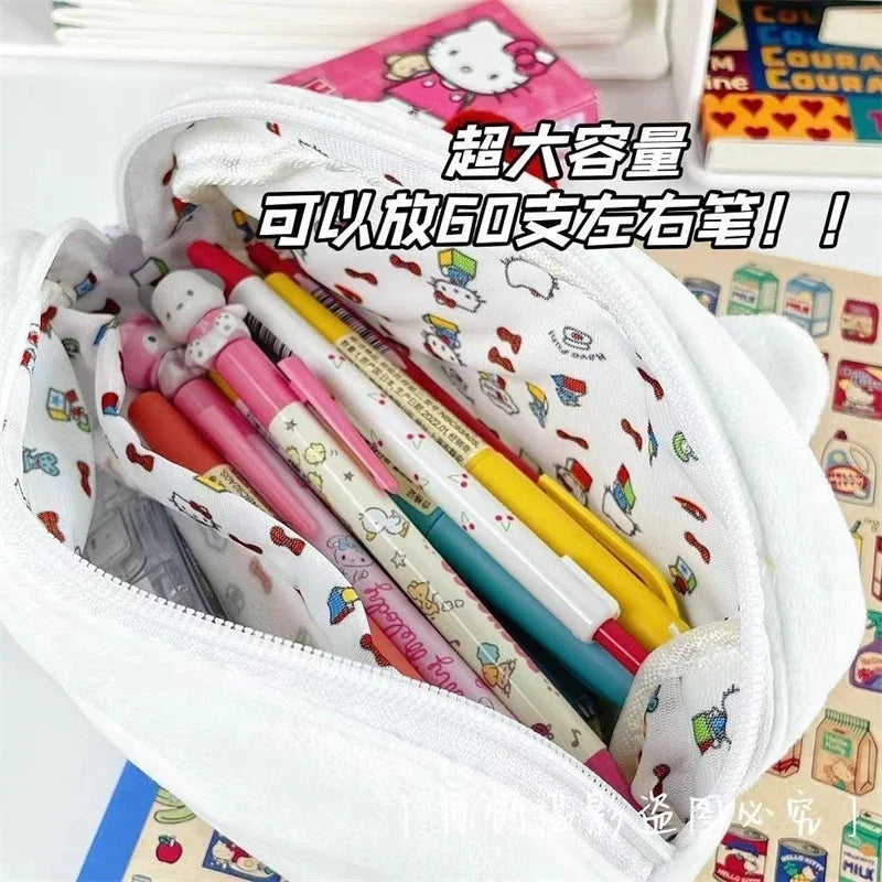 Sanrio Hello Kitty Plush Pencil Case Cute Cartoon Anime Large Capacity Charm Student Stationery Bag Girl&Child Holiday Gifts
