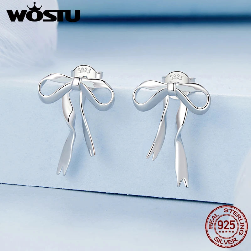 WOSTU 925 Sterling Silver Ribbon Bow Drop Earrings For Women Girls Cute Korean Bow Ear Studs Wedding Jewelry Minimalist