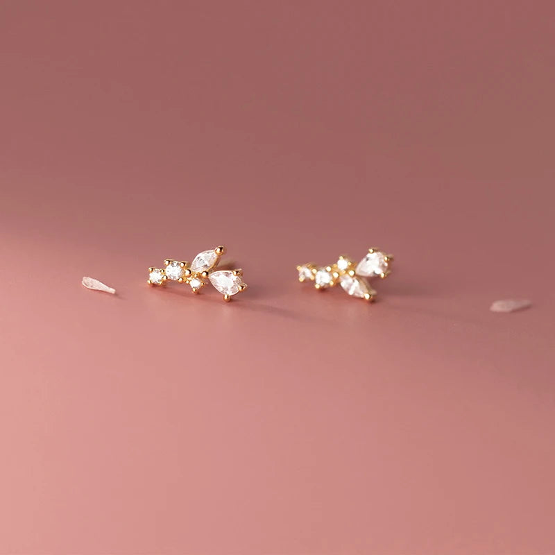 WANTME 925 Sterling Silver Cute Shiny Zircon Leaf Mini Small Stud Earrings for Women Fashion Korean Teenager Daily Wear Jewelry