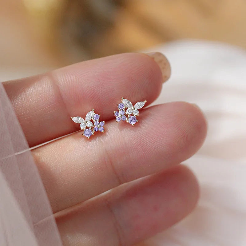 Stud Earrings 925 Sterling Silver For Women Purple Butterfly Zircon Korean Fashion Hot High Quality Lady Wedding Jewelry