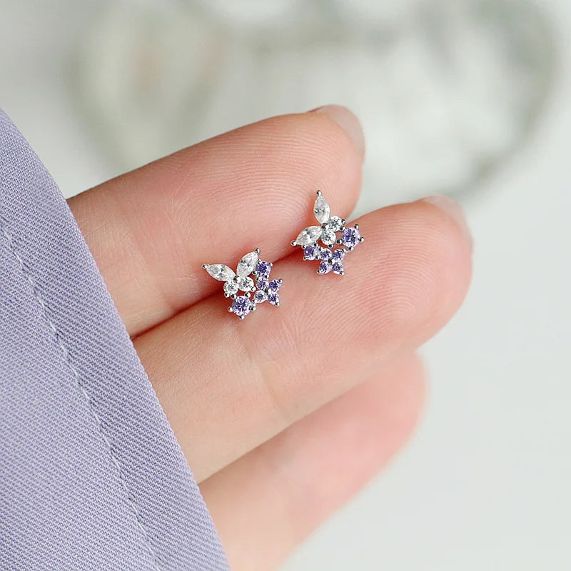 Stud Earrings 925 Sterling Silver For Women Purple Butterfly Zircon Korean Fashion Hot High Quality Lady Wedding Jewelry