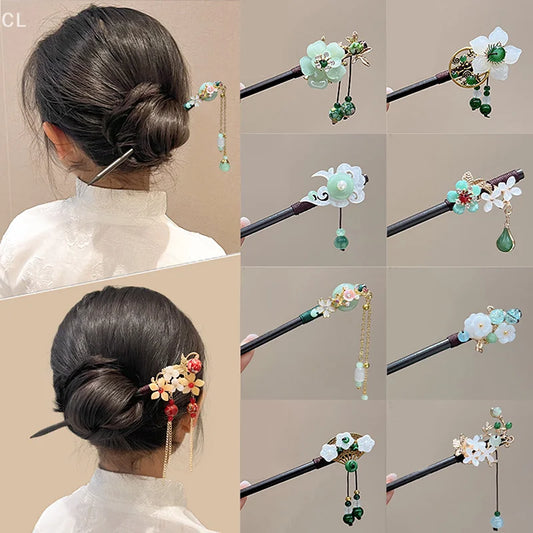 Chinese Style Luminous Pavilion Hair Sticks For Women Kids Retro Metal Wood Flower Tassel Hair Pin Clips Hair Accessories