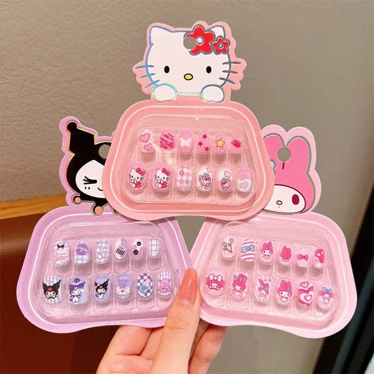 1Pack Cartoon Sanrio Kids Nail Sticker Cute Hello Kitty Cinnamoroll Kuromi Children Press on Nail Patch Accessorie Girl Toy Gift