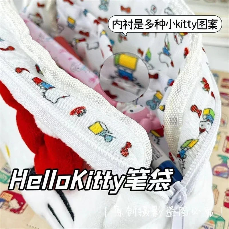Sanrio Hello Kitty Plush Pencil Case Cute Cartoon Anime Large Capacity Charm Student Stationery Bag Girl&Child Holiday Gifts