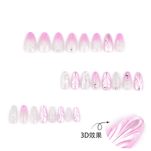 24pcs Pink Gradient Seashells Press On Nails Full Cover Pearl Diamond Design Shiny Summer False Nails Sweet Korean Style Manicur