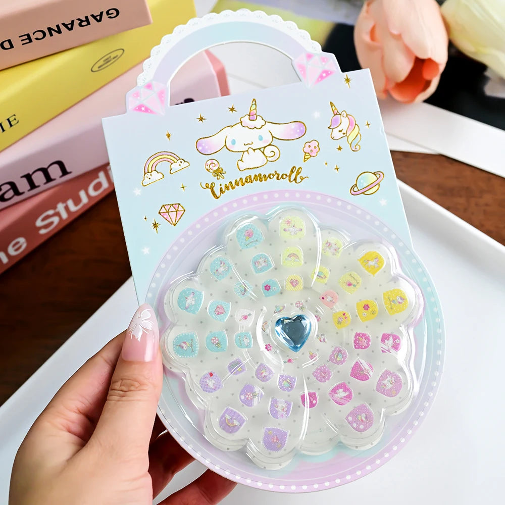 1Pack Cartoon Sanrio Kids Nail Sticker Cute Hello Kitty Cinnamoroll Kuromi Children Press on Nail Patch Accessorie Girl Toy Gift