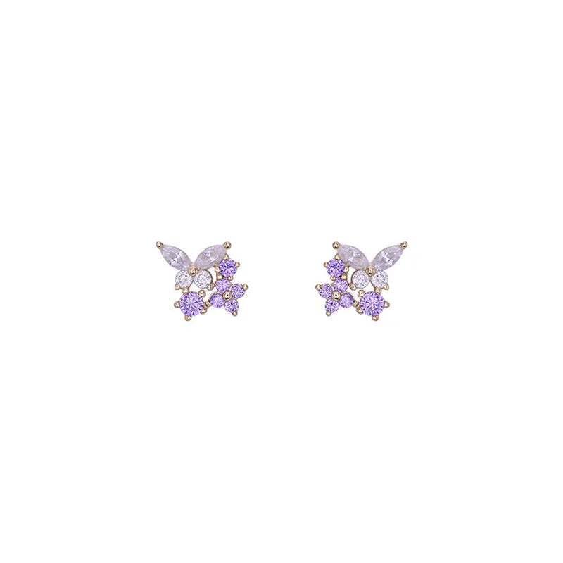 Stud Earrings 925 Sterling Silver For Women Purple Butterfly Zircon Korean Fashion Hot High Quality Lady Wedding Jewelry