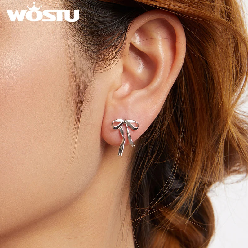 WOSTU 925 Sterling Silver Ribbon Bow Drop Earrings For Women Girls Cute Korean Bow Ear Studs Wedding Jewelry Minimalist