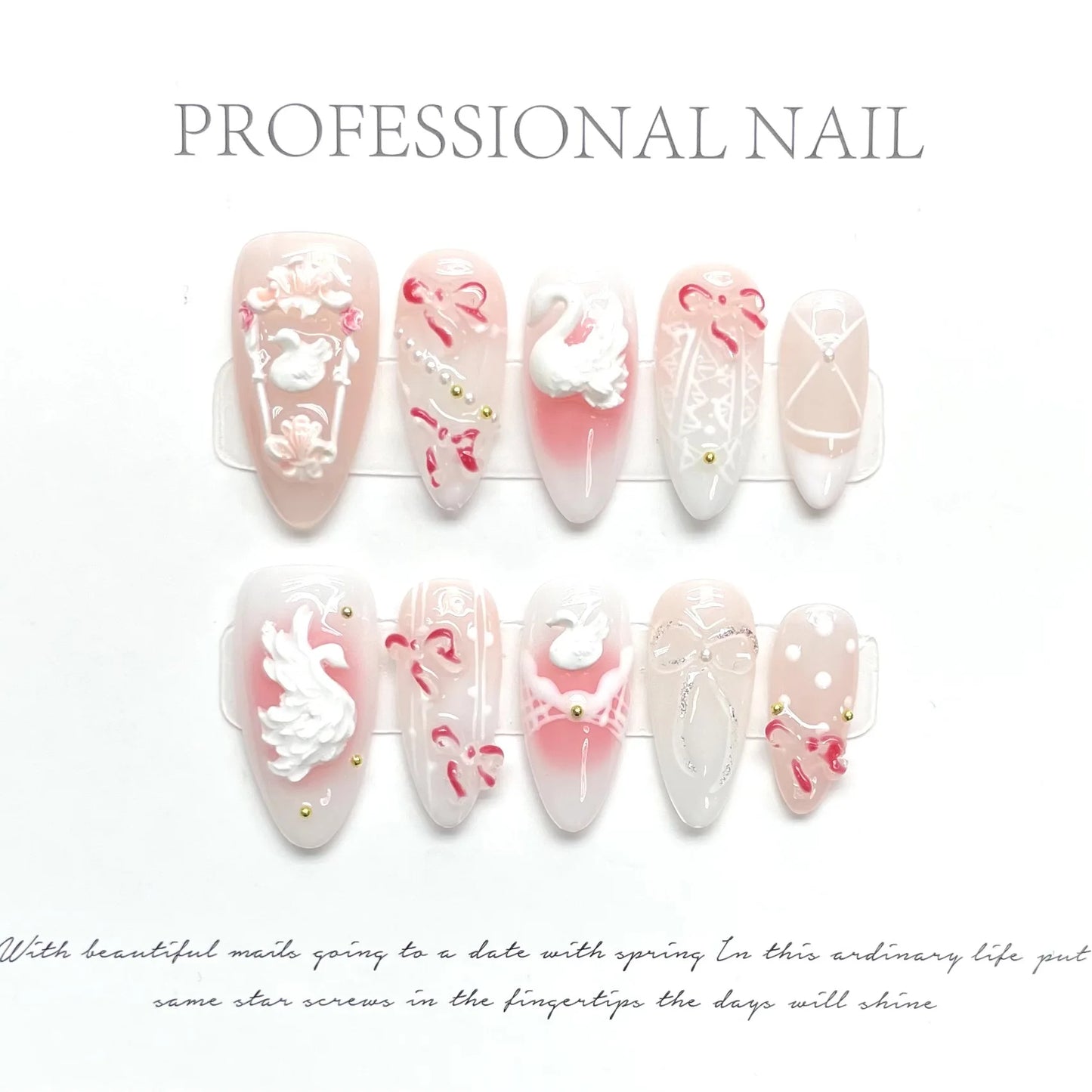 10pcs Handmade Press on Nails Cute White Rabbit Decor Fake Nail Patches Wearable Full Cover Ins Korean Sweet Pink False Nails