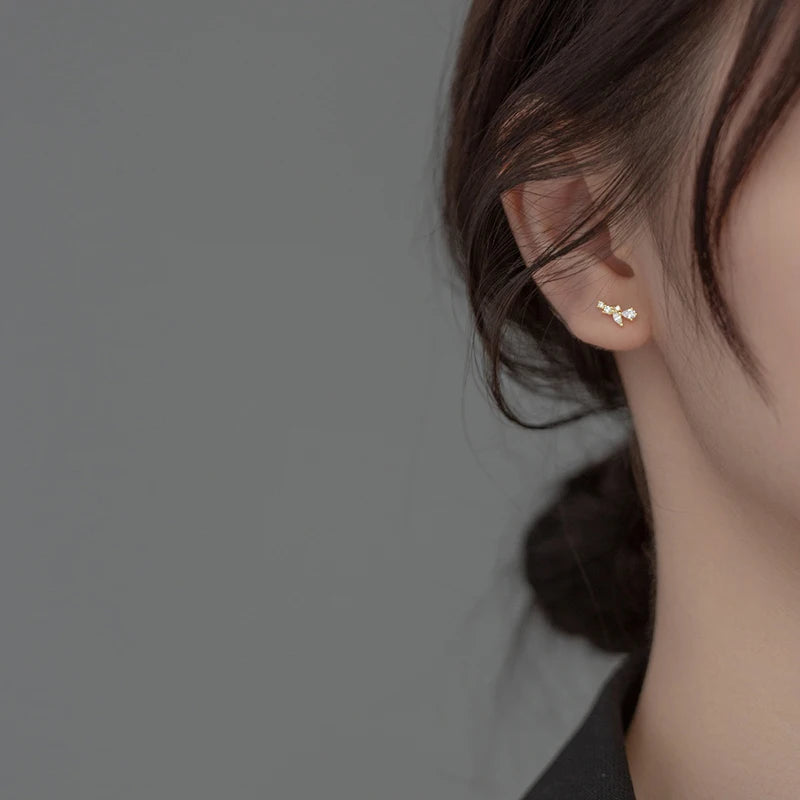WANTME 925 Sterling Silver Cute Shiny Zircon Leaf Mini Small Stud Earrings for Women Fashion Korean Teenager Daily Wear Jewelry