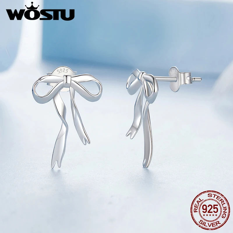 WOSTU 925 Sterling Silver Ribbon Bow Drop Earrings For Women Girls Cute Korean Bow Ear Studs Wedding Jewelry Minimalist