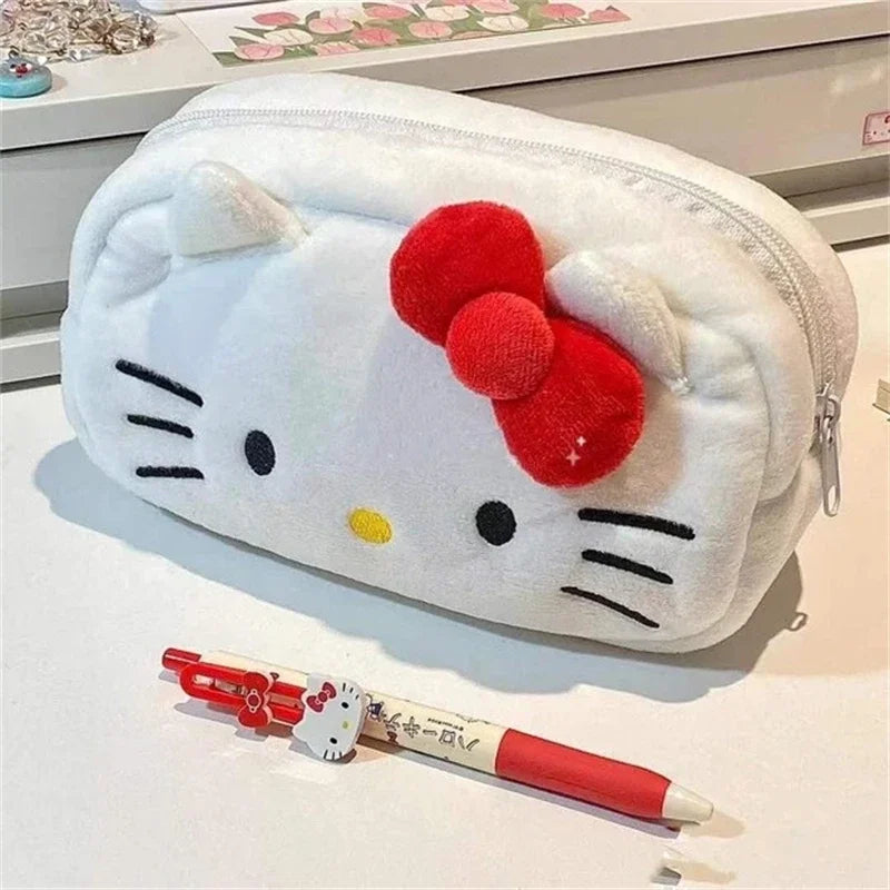 Sanrio Hello Kitty Plush Pencil Case Cute Cartoon Anime Large Capacity Charm Student Stationery Bag Girl&Child Holiday Gifts