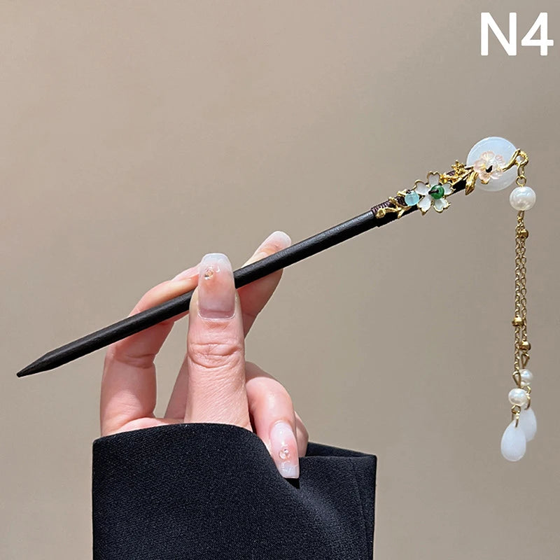 Chinese Style Luminous Pavilion Hair Sticks For Women Kids Retro Metal Wood Flower Tassel Hair Pin Clips Hair Accessories