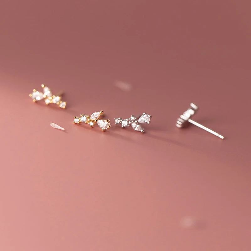 WANTME 925 Sterling Silver Cute Shiny Zircon Leaf Mini Small Stud Earrings for Women Fashion Korean Teenager Daily Wear Jewelry
