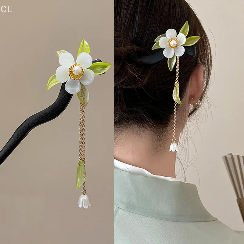 Chinese Style Luminous Pavilion Hair Sticks For Women Kids Retro Metal Wood Flower Tassel Hair Pin Clips Hair Accessories