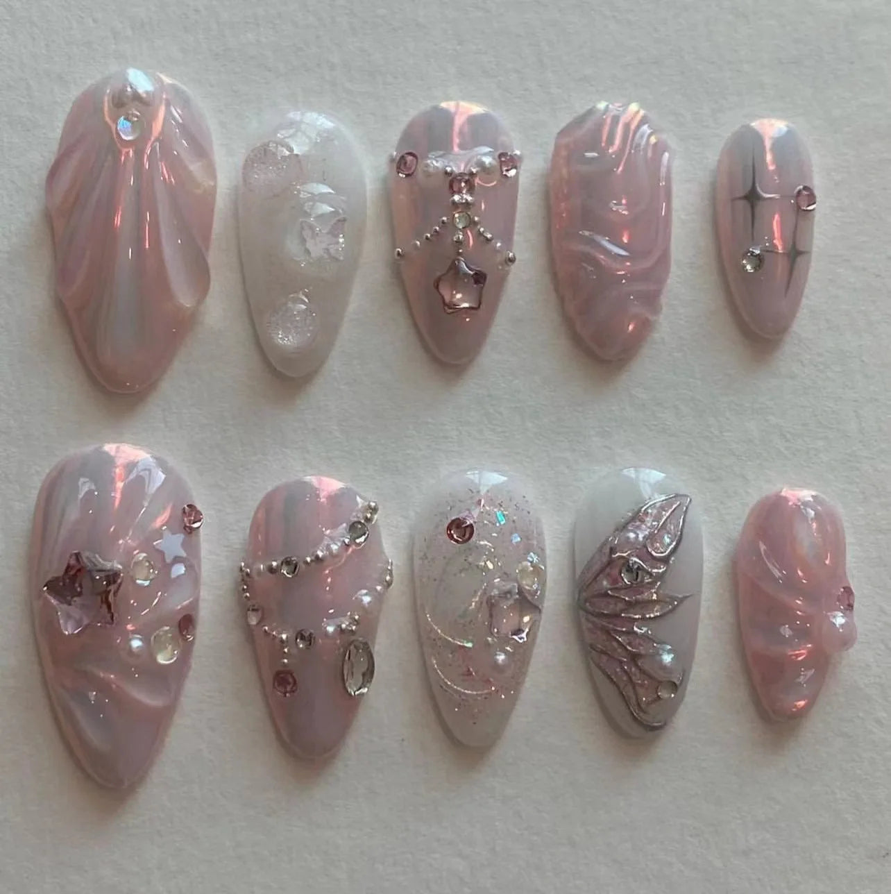 24pcs Pink Gradient Seashells Press On Nails Full Cover Pearl Diamond Design Shiny Summer False Nails Sweet Korean Style Manicur