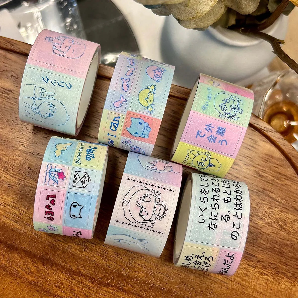 WAKAWAKA PET Shiny Deco Stickers for Scrapbooking Kawaii Characters Washi Tape For Arts Diy Crafts Journal Planner Masking Tape