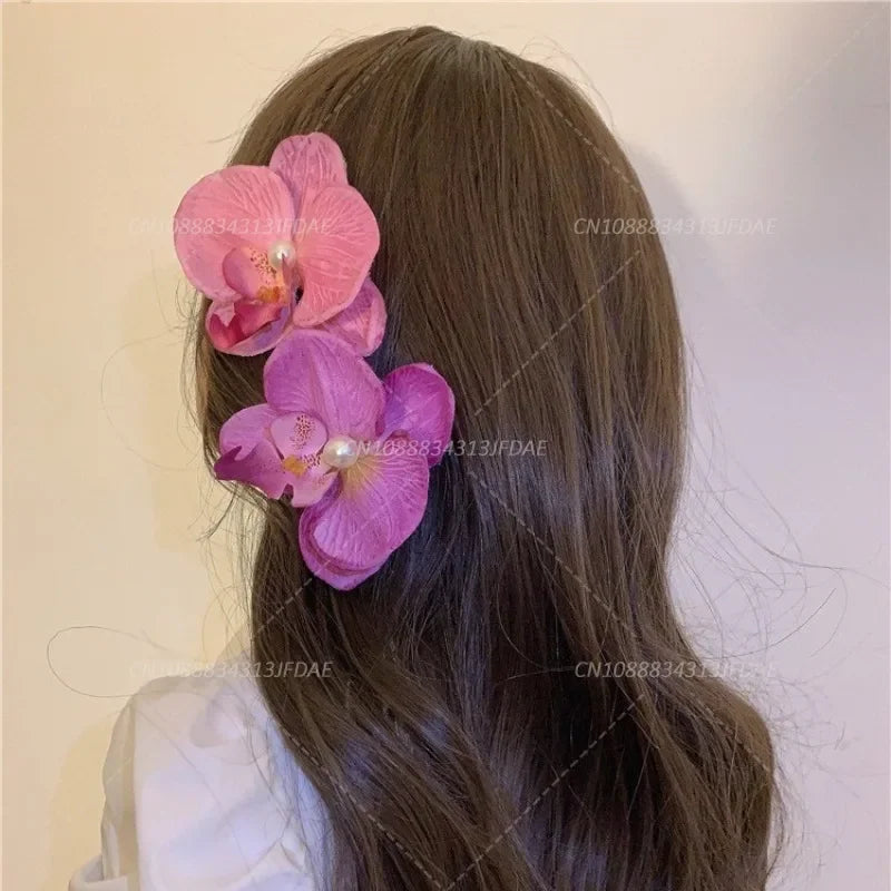 Sweet Phalaenopsis Pearl Hair Clip Flower Hairpin Orchid Butterfly Hairs Clip Hair Accessories Hair Styling Tools Bow Flower