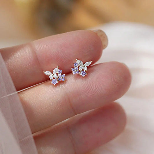 Stud Earrings 925 Sterling Silver For Women Purple Butterfly Zircon Korean Fashion Hot High Quality Lady Wedding Jewelry