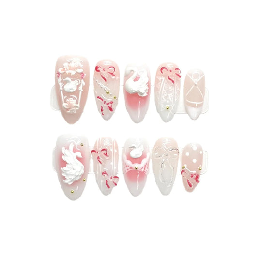10pcs Handmade Press on Nails Cute White Rabbit Decor Fake Nail Patches Wearable Full Cover Ins Korean Sweet Pink False Nails