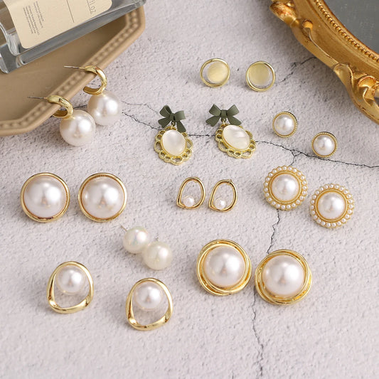 Vintage Big Cute Simulated Pearl Earrings Trendy Elegant Created Pearls String Statement Stud Earrings For Wedding Party Gift
