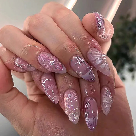 24pcs Pink Gradient Seashells Press On Nails Full Cover Pearl Diamond Design Shiny Summer False Nails Sweet Korean Style Manicur