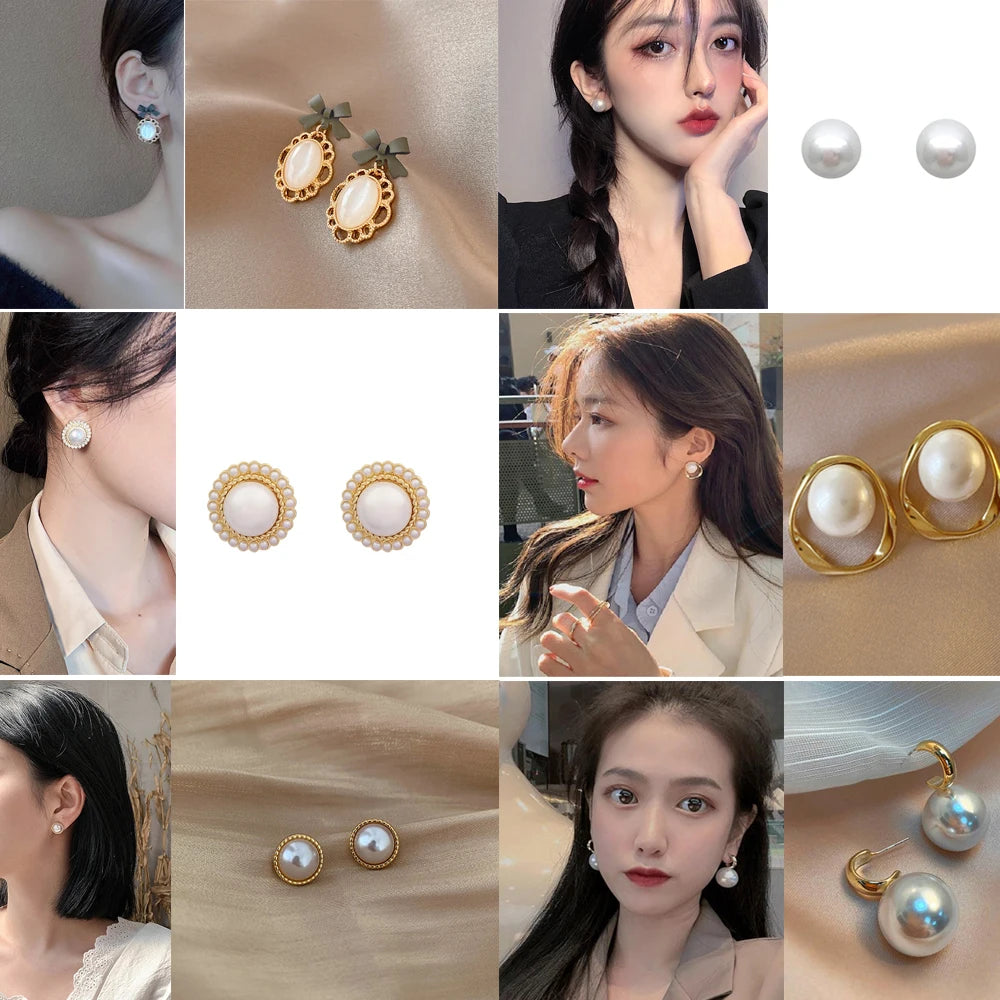 Vintage Big Cute Simulated Pearl Earrings Trendy Elegant Created Pearls String Statement Stud Earrings For Wedding Party Gift