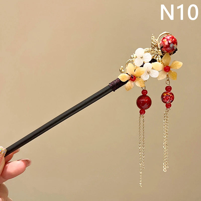 Chinese Style Luminous Pavilion Hair Sticks For Women Kids Retro Metal Wood Flower Tassel Hair Pin Clips Hair Accessories
