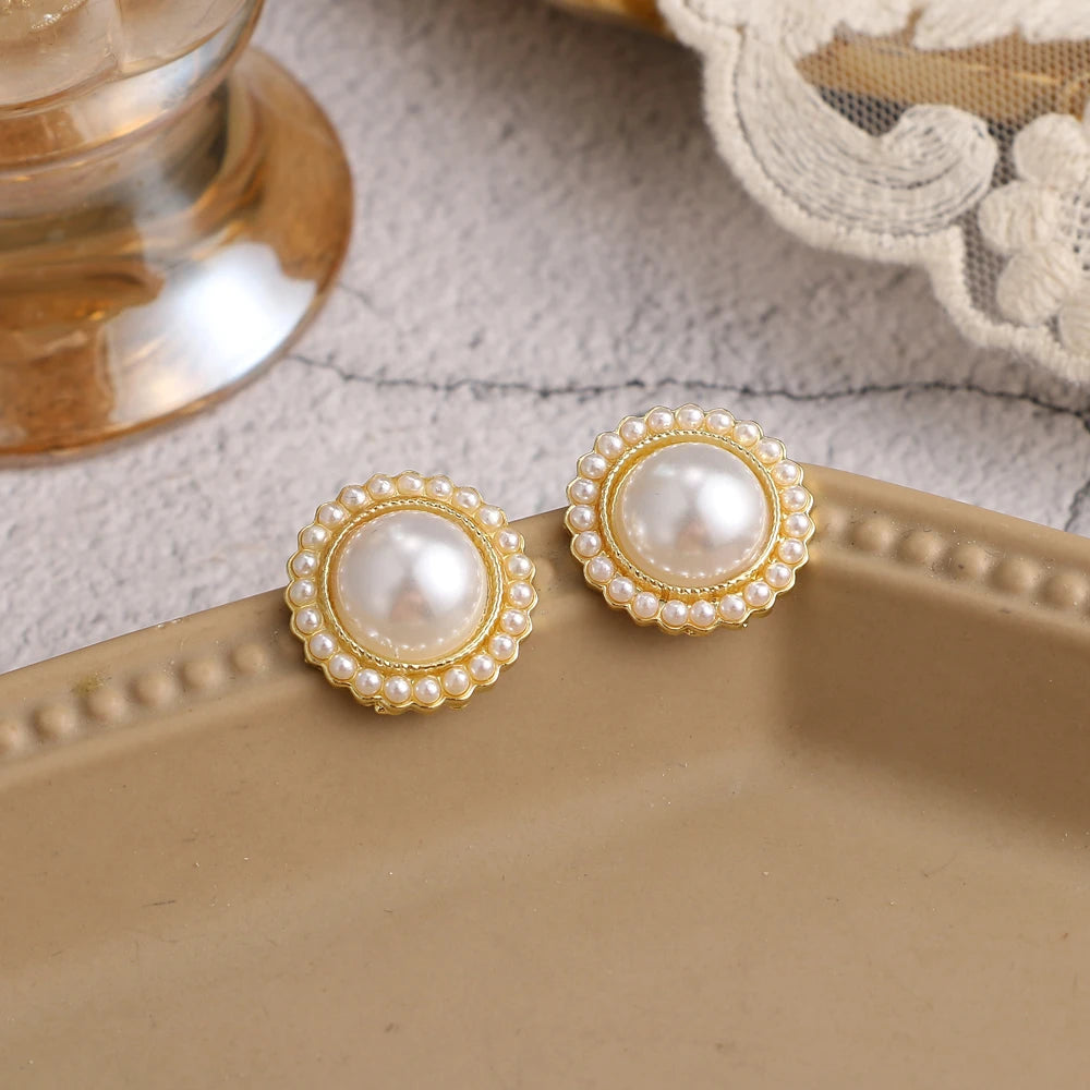 Vintage Big Cute Simulated Pearl Earrings Trendy Elegant Created Pearls String Statement Stud Earrings For Wedding Party Gift
