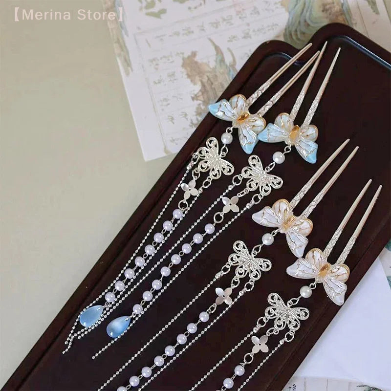 Exquisite Butterfly Hairpin Vintage Elegant Chinese Style Hair Stick For Women Ancientry Jewelry Tassel Hair Accessory