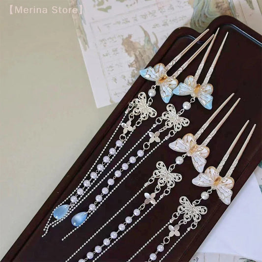 Exquisite Butterfly Hairpin Vintage Elegant Chinese Style Hair Stick For Women Ancientry Jewelry Tassel Hair Accessory