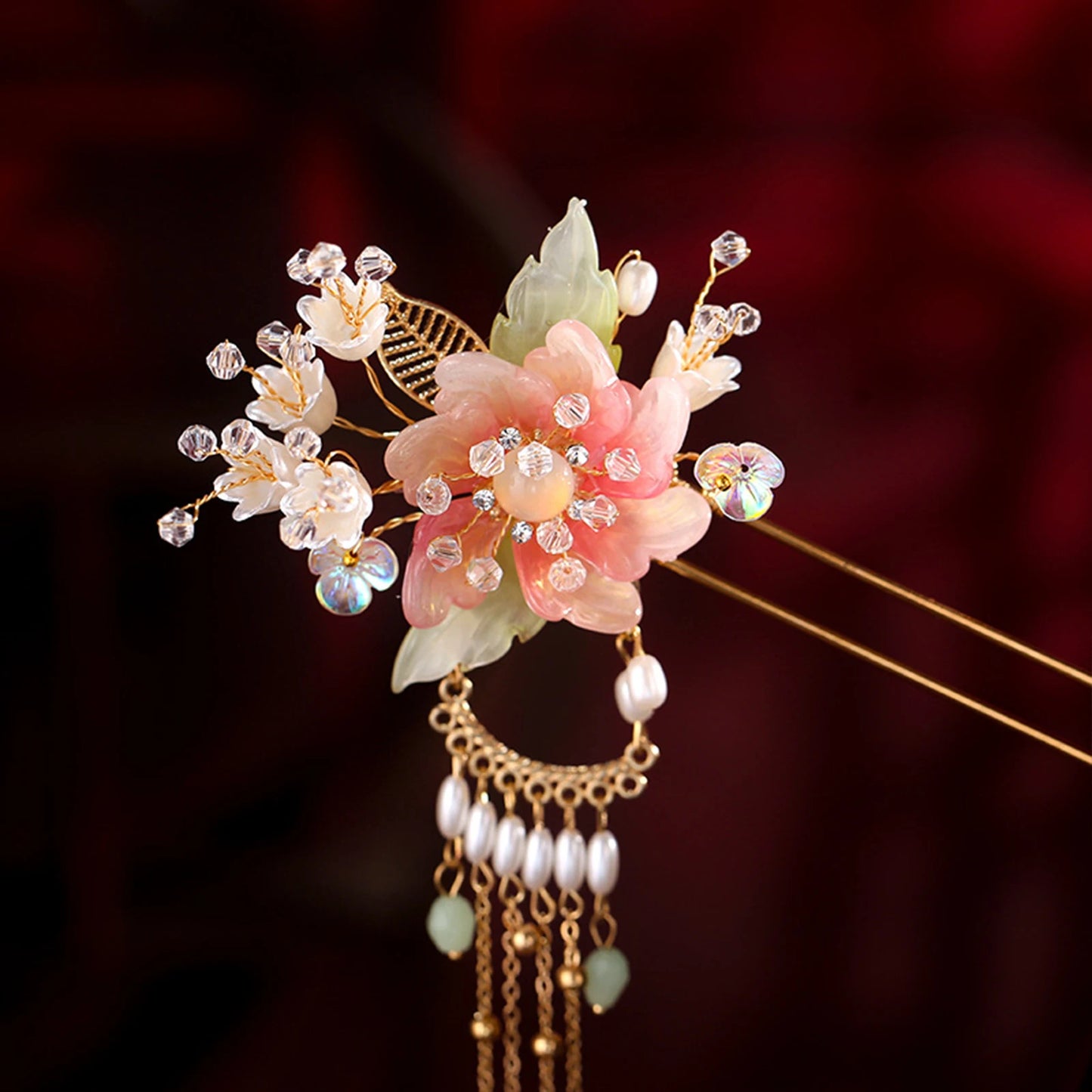 Elegant Pink Flower Hair Pin U Shaped Floral Hair Sticks Forks Pearls Chain Tassel Hairclips Woman Girls Step Shake Hair Jewelry