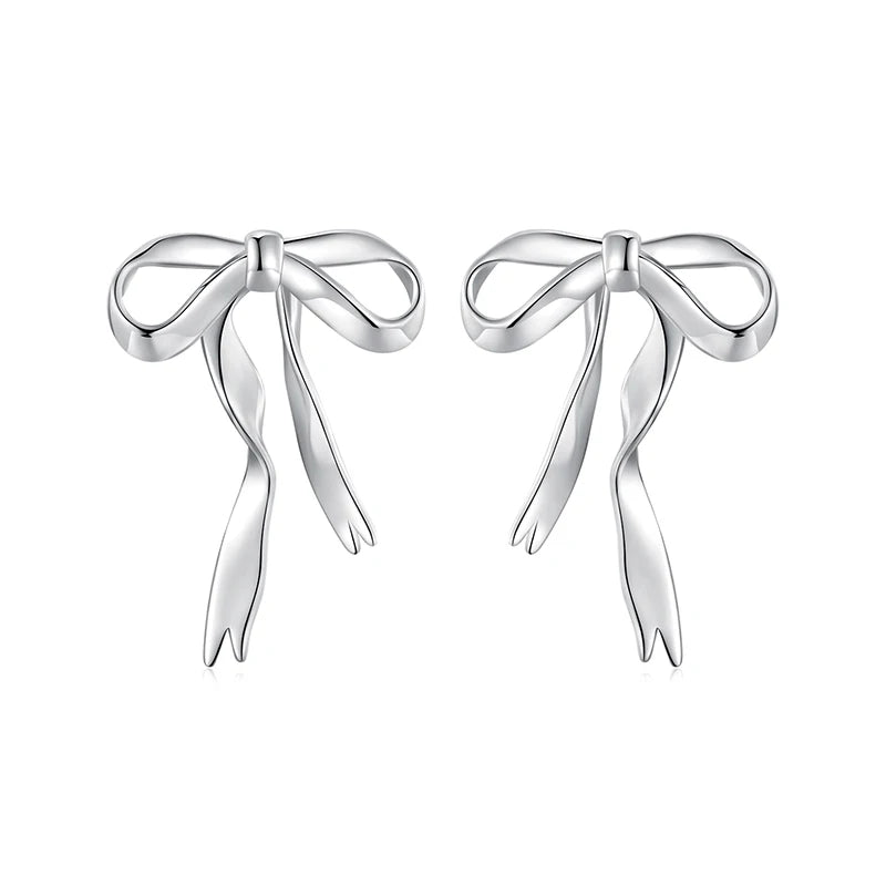 WOSTU 925 Sterling Silver Ribbon Bow Drop Earrings For Women Girls Cute Korean Bow Ear Studs Wedding Jewelry Minimalist