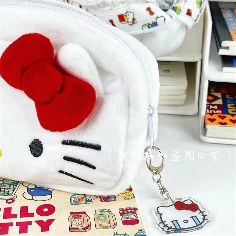 Sanrio Hello Kitty Plush Pencil Case Cute Cartoon Anime Large Capacity Charm Student Stationery Bag Girl&Child Holiday Gifts
