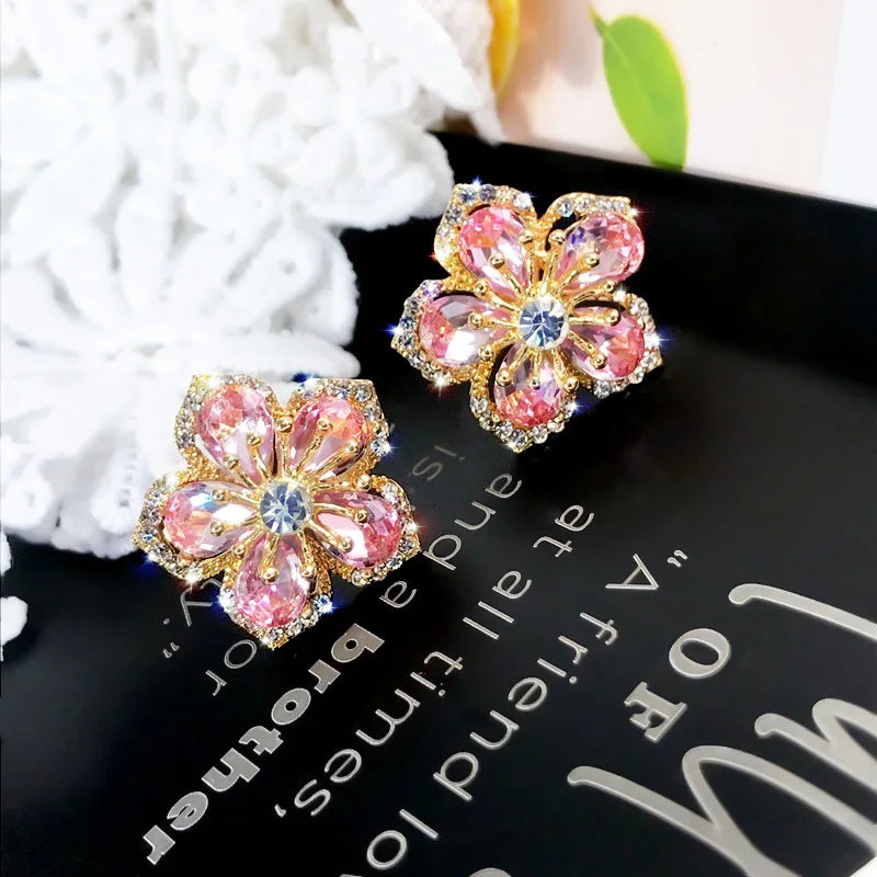 New Korean Luxury Crystal Zircon Stud Earring For Women Red Flowers Heart Pearl Bow Knot Earrings Christmas New Year Jewelry