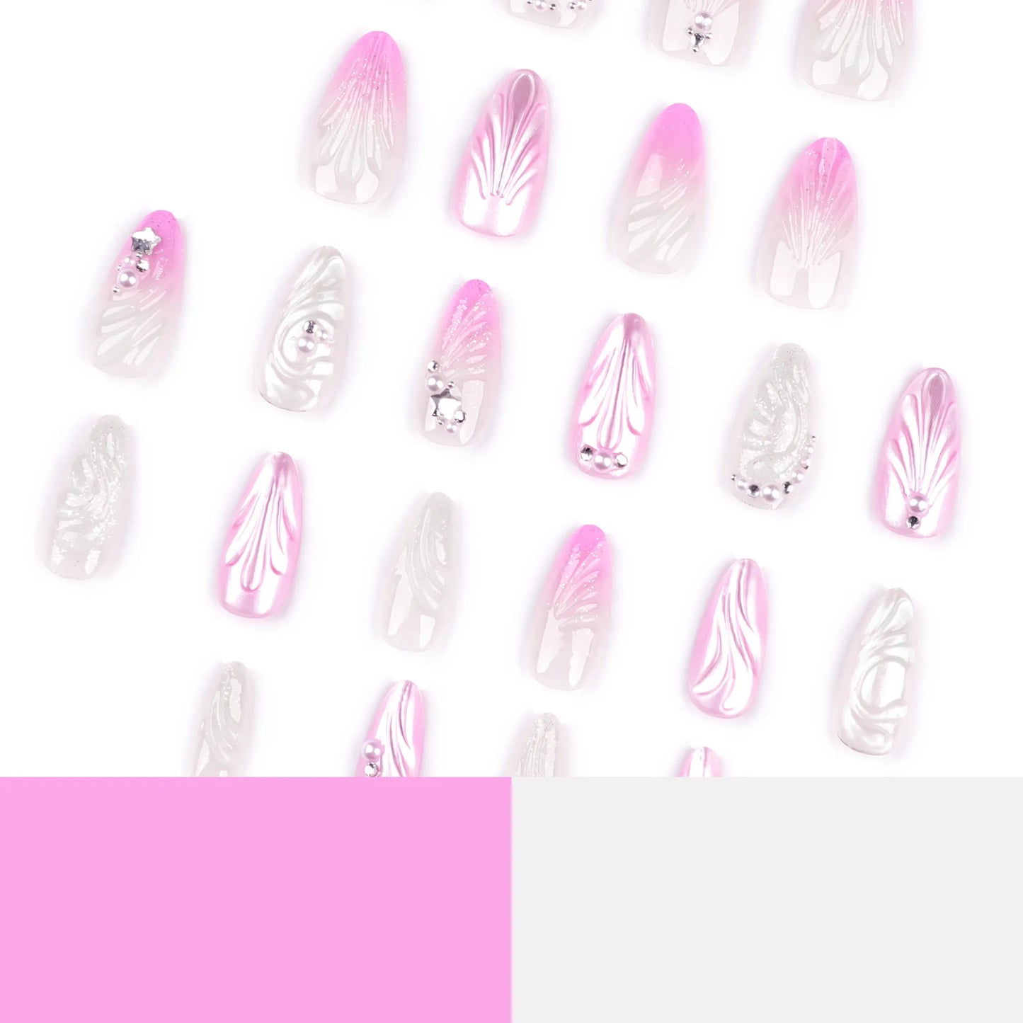 24pcs Pink Gradient Seashells Press On Nails Full Cover Pearl Diamond Design Shiny Summer False Nails Sweet Korean Style Manicur