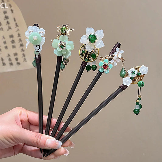 Chinese Style Luminous Pavilion Hair Sticks For Women Kids Retro Metal Wood Flower Tassel Hair Pin Clips Hair Accessories